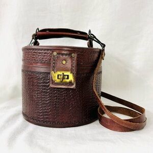 Vintage Round Hand Tooled Leather 50s Pillbox Drum Top Handle Mini